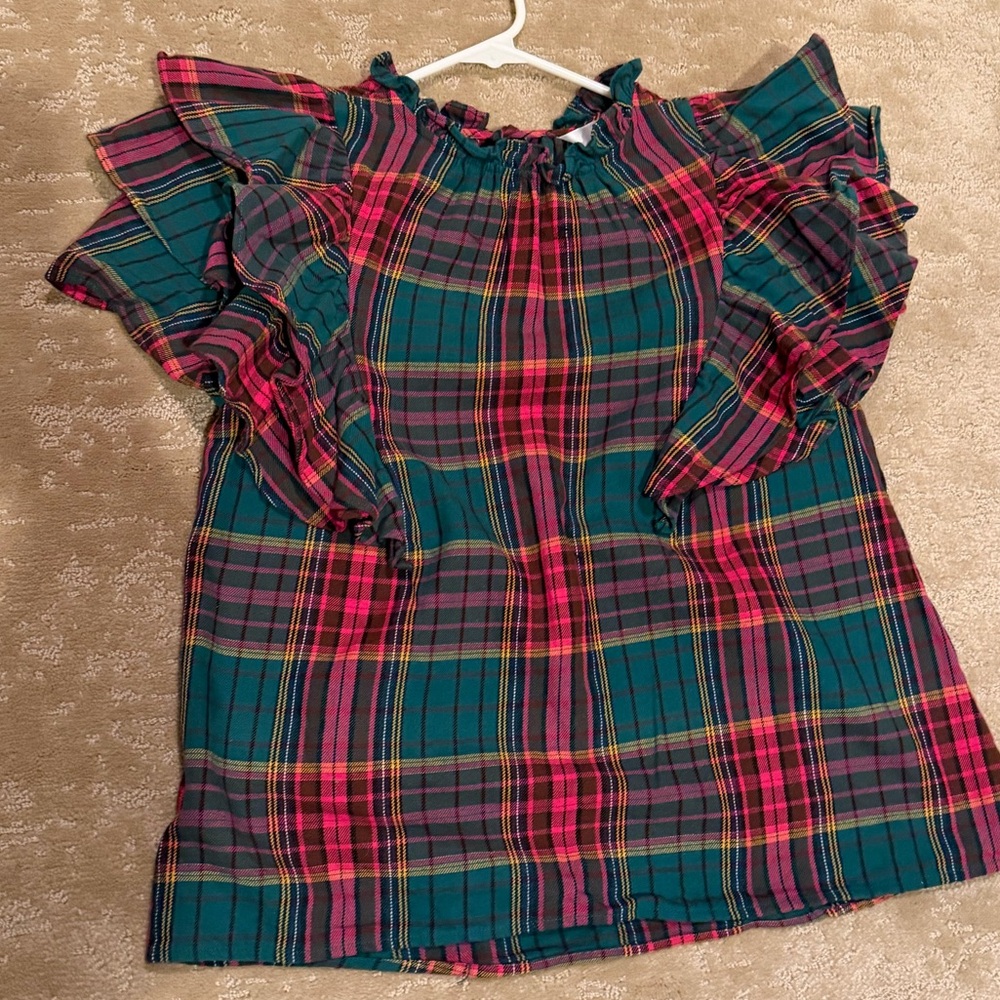 New CROSBY by Mollie Burch Flutter Short Sleeve Emory Top Plaid Size small Acade